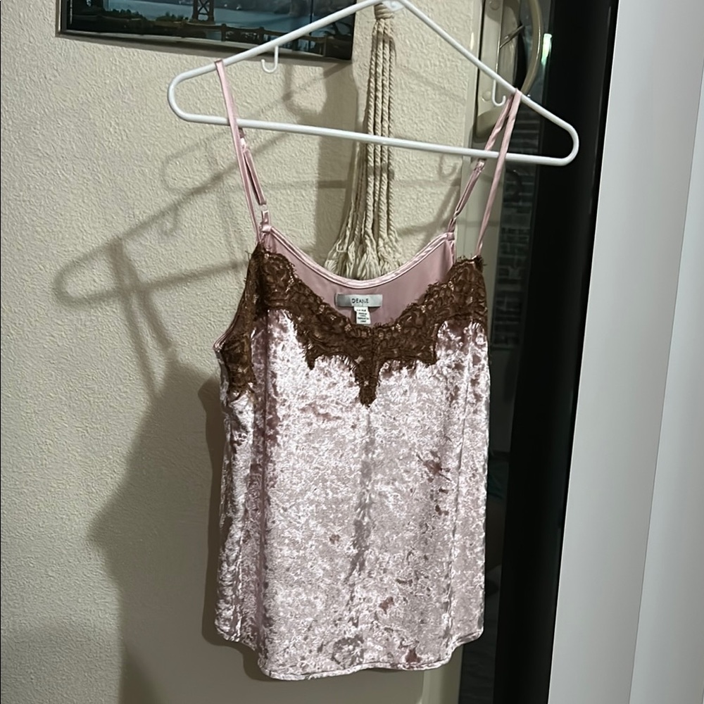 Pink Velvet Cami Top with Lace Trim